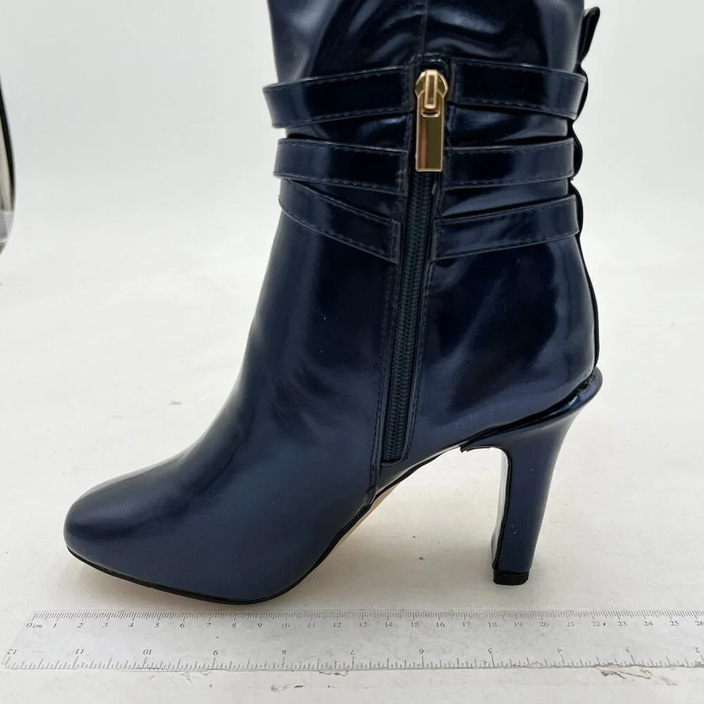 FSJ Dark Blue Knee High Boots Pull On Chunky Mid Heel Side Zipper Shoes - Picture 3 of 8